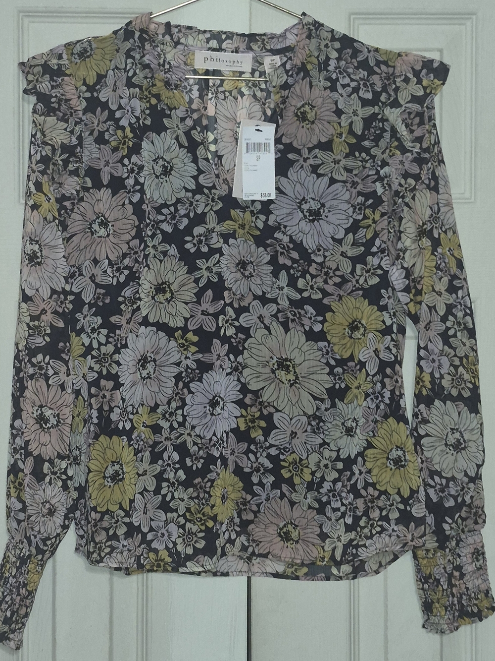 Philosophy Black Floral V-Neck Long Sleeve Blouse